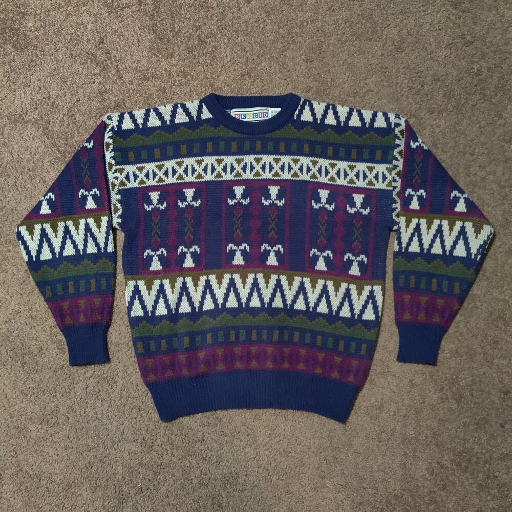 Vintage Sergio Sweater Mens Large All Over Aztec Southern Heavy Knit‎ Pullover